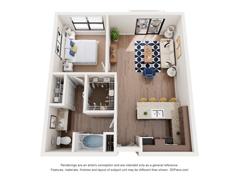 A floor plan of a small apartment with a kitchen, living room, and bathroom.
